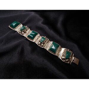 Vintage Taxco Signed Sterling Silver Bracelet With Green Onyx Stones 925